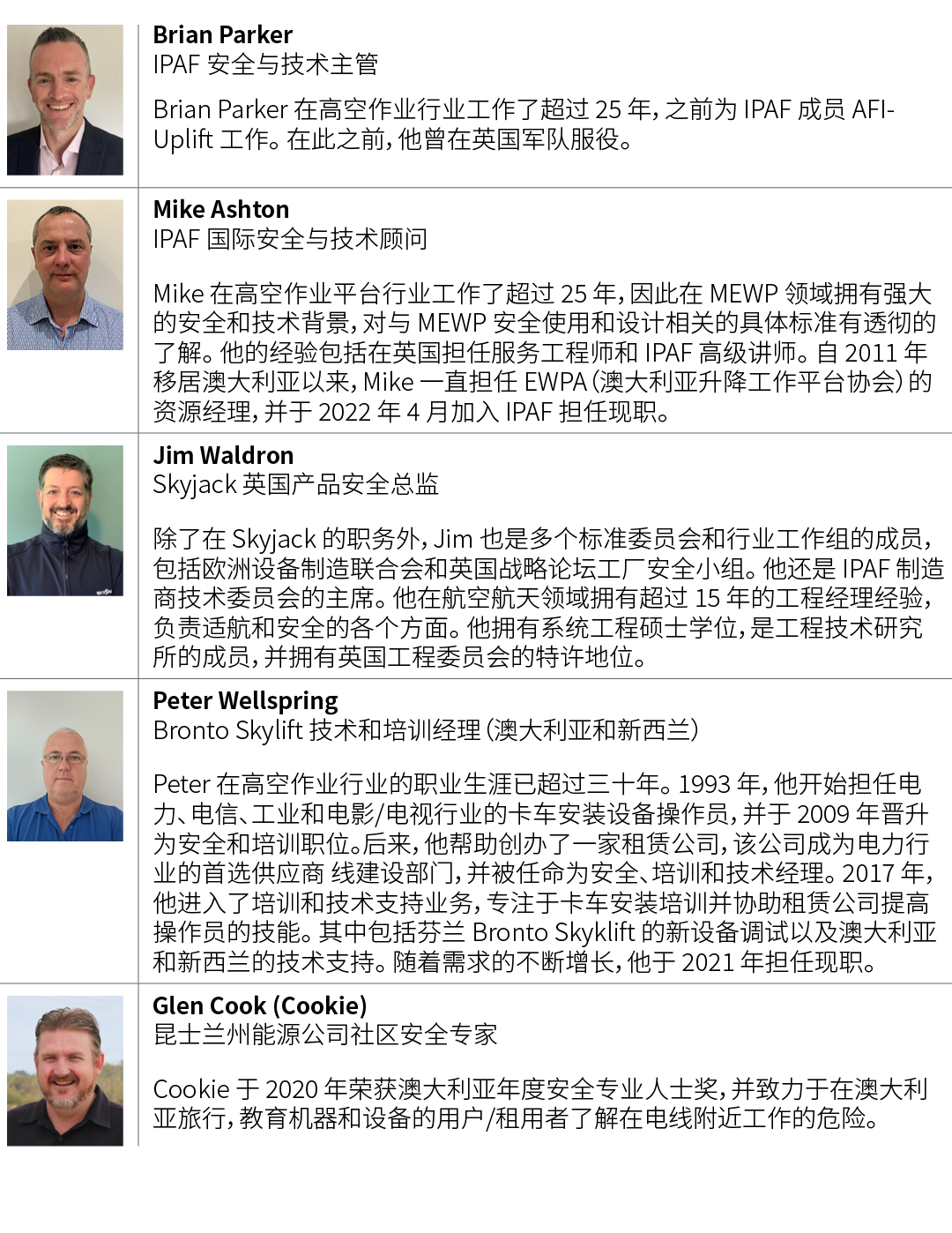 ￼,Brian Parker IPAF 安全与技术主管 Brian Parker 在高空作业行业工作了超过 25 年，之前为 IPAF 成员 AFI Uplift 工作。 在此之前，他曾在英国军队服役。,￼,Mike Ashton I...