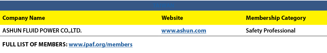 TAIWAN,Company Name,Website,Membership Category,ASHUN FLUID POWER CO.,LTD.,www.ashun.com,Safety Professional,FULL LIS...