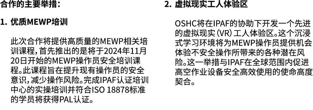合作的主要举措： 1. 优质MEWP培训 此次合作将提供高质量的MEWP相关培训课程，首先推出的是将于2024年11月20日开始的MEWP操作员安全培训课程。此课程旨在提升现有操作员的安全意识，减少操作风险。完成IPAF认证培训中心的...
