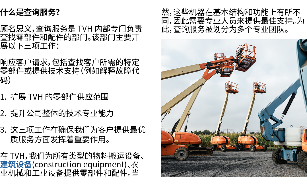 什么是查询服务？ 顾名思义，查询服务是 TVH 内部专门负责查找零部件和配件的部门。该部门主要开展以下三项工作： 响应客户请求，包括查找客户所需的特定零部件或提供技术支持（例如解释故障代码） 1. 扩展 TVH 的零部件供应范围 2....