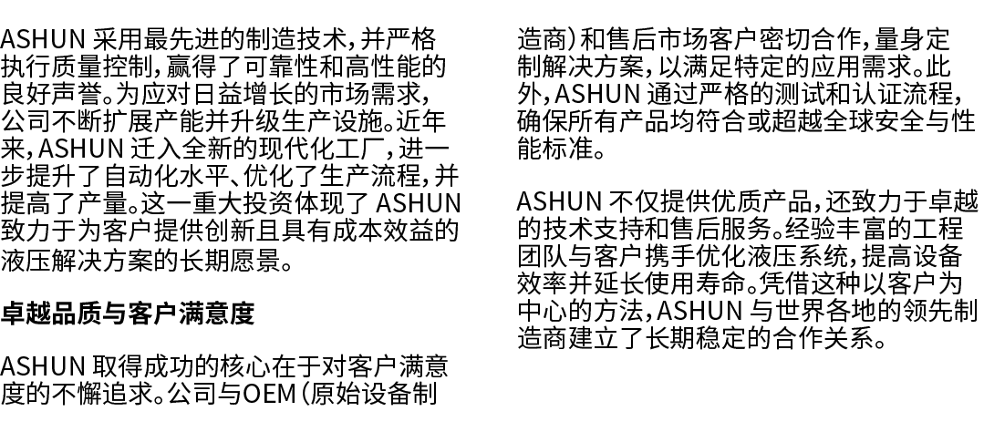 ASHUN 采用最先进的制造技术，并严格执行质量控制，赢得了可靠性和高性能的良好声誉。为应对日益增长的市场需求，公司不断扩展产能并升级生产设施。近年来，ASHUN 迁入全新的现代化工厂，进一步提升了自动化水平、优化了生产流程，并提高了...