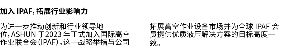 加入 IPAF，拓展行业影响力 为进一步推动创新和行业领导地位，ASHUN 于2023 年正式加入国际高空作业联合会（IPAF）。这一战略举措与公司 拓展高空作业设备市场并为全球 IPAF 会员提供优质液压解决方案的目标高度一致。 
