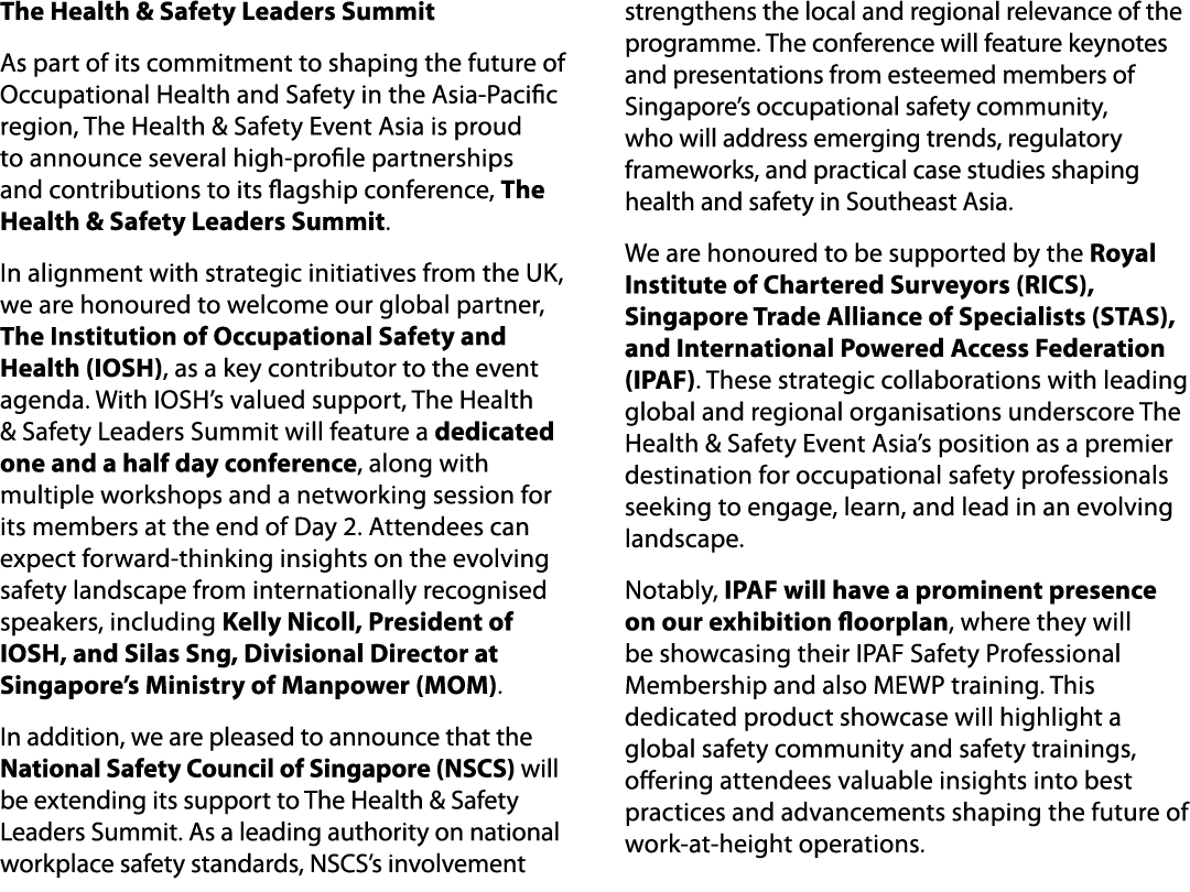 The Health & Safety Leaders Summit As part of its commitment to shaping the future of Occupational Health and Safety ...
