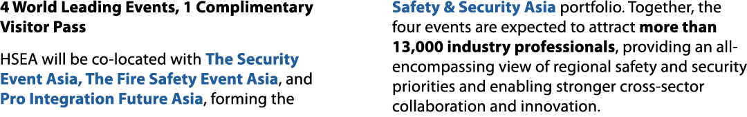 4 World Leading Events, 1 Complimentary Visitor Pass HSEA will be co located with The Security Event Asia, The Fire S...