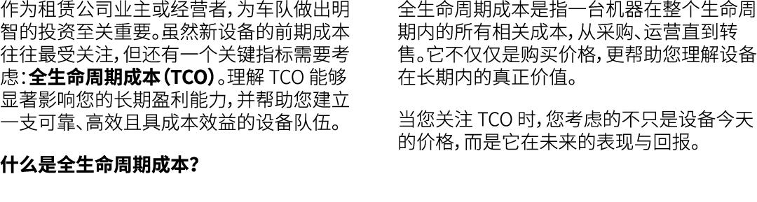 作为租赁公司业主或经营者，为车队做出明智的投资至关重要。虽然新设备的前期成本往往最受关注，但还有一个关键指标需要考虑：全生命周期成本（TCO）。理解 TCO 能够显著影响您的长期盈利能力，并帮助您建立一支可靠、高效且具成本效益的设备队...