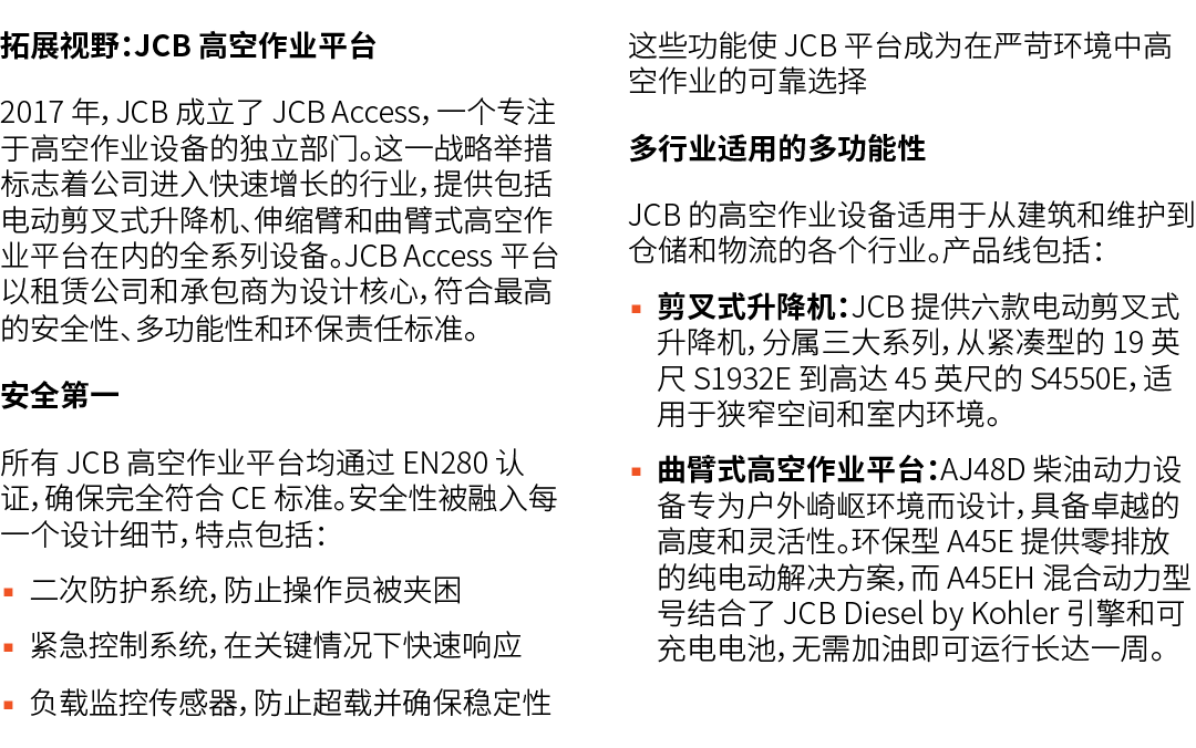 拓展视野：JCB 高空作业平台 2017 年，JCB 成立了 JCB Access，一个专注于高空作业设备的独立部门。这一战略举措标志着公司进入快速增长的行业，提供包括电动剪叉式升降机、伸缩臂和曲臂式高空作业平台在内的全系列设备。JC...