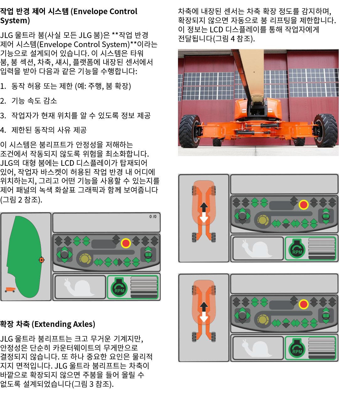 작업 반경 제어 시스템 (Envelope Control System) JLG 울트라 붐(사실 모든 JLG 붐)은 **작업 반경 제어 시스템(Envelope Control System)**이라는 기능으로 설계되어...