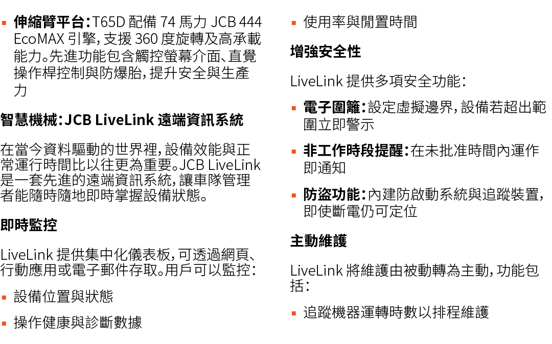 ▪ 伸縮臂平台：T65D 配備 74 馬力 JCB 444 EcoMAX 引擎，支援 360 度旋轉及高承載能力。先進功能包含觸控螢幕介面、直覺操作桿控制與防爆胎，提升安全與生產力 智慧機械：JCB LiveLink 遠端資訊系統 在...