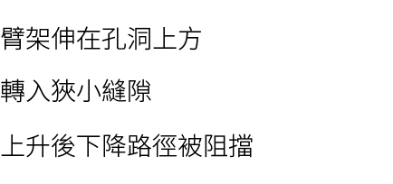 臂架伸在孔洞上方 轉入狹小縫隙 上升後下降路徑被阻擋 