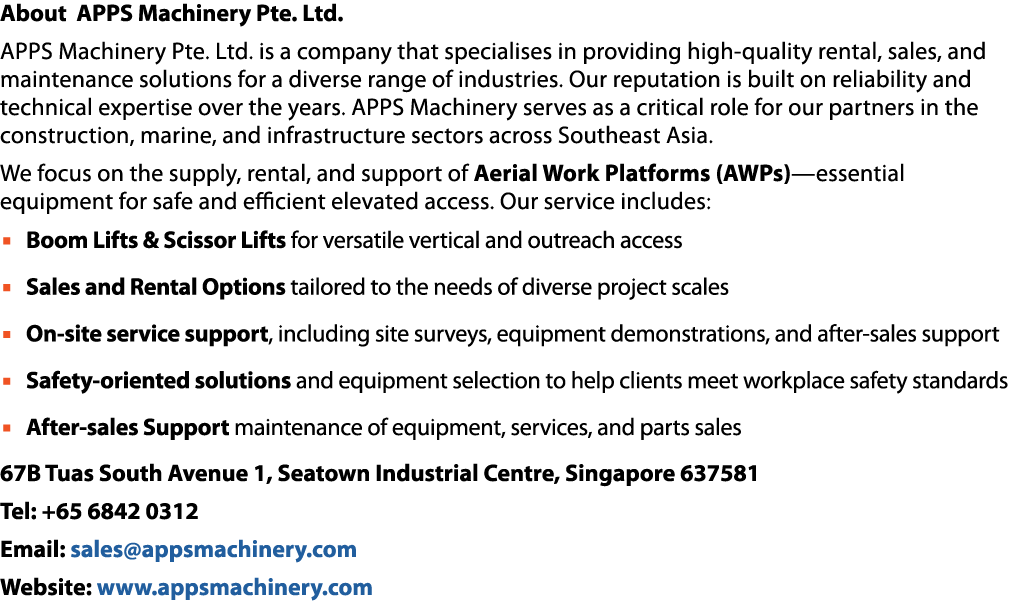 About APPS Machinery Pte. Ltd. APPS Machinery Pte. Ltd. is a company that specialises in providing high quality renta...