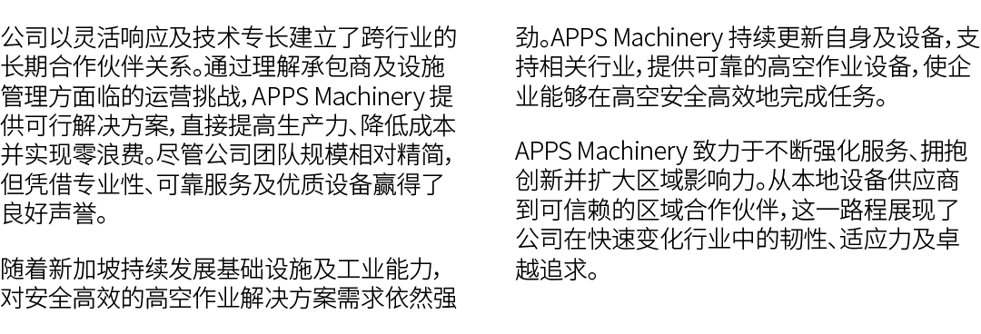 公司以灵活响应及技术专长建立了跨行业的长期合作伙伴关系。通过理解承包商及设施管理方面临的运营挑战，APPS Machinery 提供可行解决方案，直接提高生产力、降低成本并实现零浪费。尽管公司团队规模相对精简，但凭借专业性、可靠服务及...