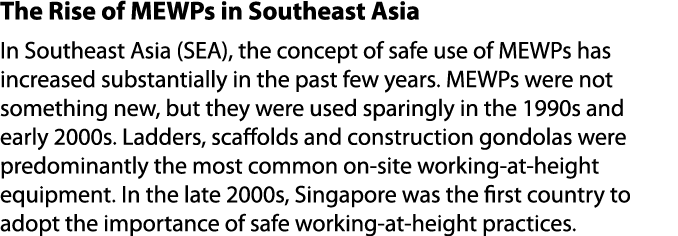The Rise of MEWPs in Southeast Asia In Southeast Asia (SEA), the concept of safe use of MEWPs has increased substanti...